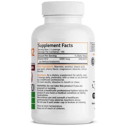 Bronson Methyl B12 5000 mcg – Vitamin B12 Methylcobalamin für Energie & Gehirnunterstützung, 180 Lutschtabletten