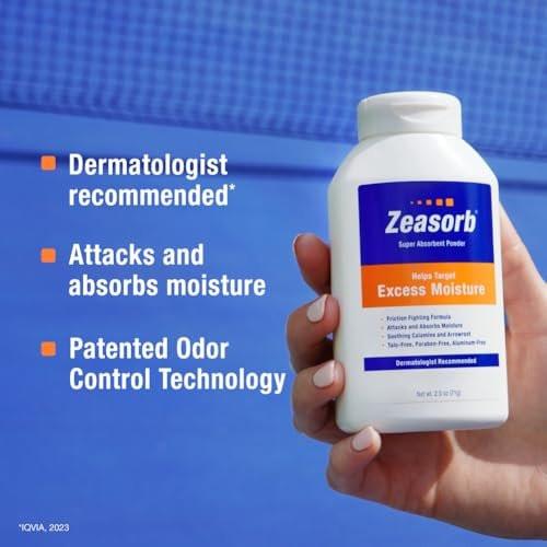 Zeasorb Fuß- und Körperpuder mit übermäßiger Feuchtigkeitskontrolle – Dermatologen empfohlen, reibungsmindernde Formel mit patentiertem Geruchskontrollsystem, 2,5 Unzen Flasche