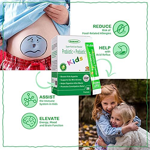 ZEBORA Kinder Probiotika & Präbiotika Pulver ab 3 Jahren – Unterstützt die Verdauung und das Immunsystem mit natürlichen Quellen, fördert Linderung bei Verstopfung, Non-GMO, glutenfrei, 30 Portionsbeutel mit 5 Milliarden CFUs
