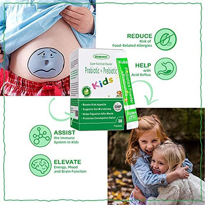 ZEBORA Kinder Probiotika & Präbiotika Pulver ab 3 Jahren – Unterstützt die Verdauung und das Immunsystem mit natürlichen Quellen, fördert Linderung bei Verstopfung, Non-GMO, glutenfrei, 30 Portionsbeutel mit 5 Milliarden CFUs