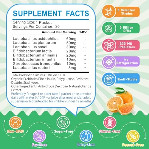 ZEBORA Kinder Probiotika & Präbiotika Pulver ab 3 Jahren – Unterstützt die Verdauung und das Immunsystem mit natürlichen Quellen, fördert Linderung bei Verstopfung, Non-GMO, glutenfrei, 30 Portionsbeutel mit 5 Milliarden CFUs