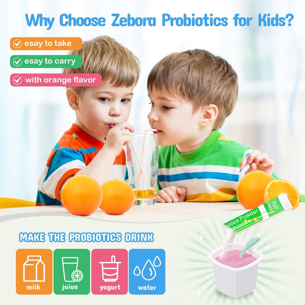 ZEBORA Kinder Probiotika & Präbiotika Pulver ab 3 Jahren – Unterstützt die Verdauung und das Immunsystem mit natürlichen Quellen, fördert Linderung bei Verstopfung, Non-GMO, glutenfrei, 30 Portionsbeutel mit 5 Milliarden CFUs