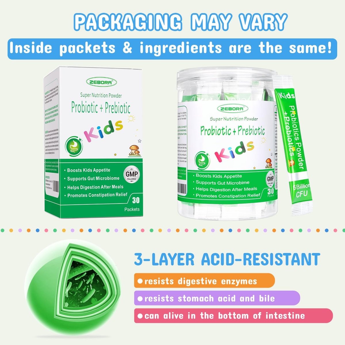 ZEBORA Kinder Probiotika & Präbiotika Pulver ab 3 Jahren – Unterstützt die Verdauung und das Immunsystem mit natürlichen Quellen, fördert Linderung bei Verstopfung, Non-GMO, glutenfrei, 30 Portionsbeutel mit 5 Milliarden CFUs