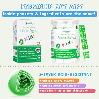 ZEBORA Kinder Probiotika & Präbiotika Pulver ab 3 Jahren – Unterstützt die Verdauung und das Immunsystem mit natürlichen Quellen, fördert Linderung bei Verstopfung, Non-GMO, glutenfrei, 30 Portionsbeutel mit 5 Milliarden CFUs