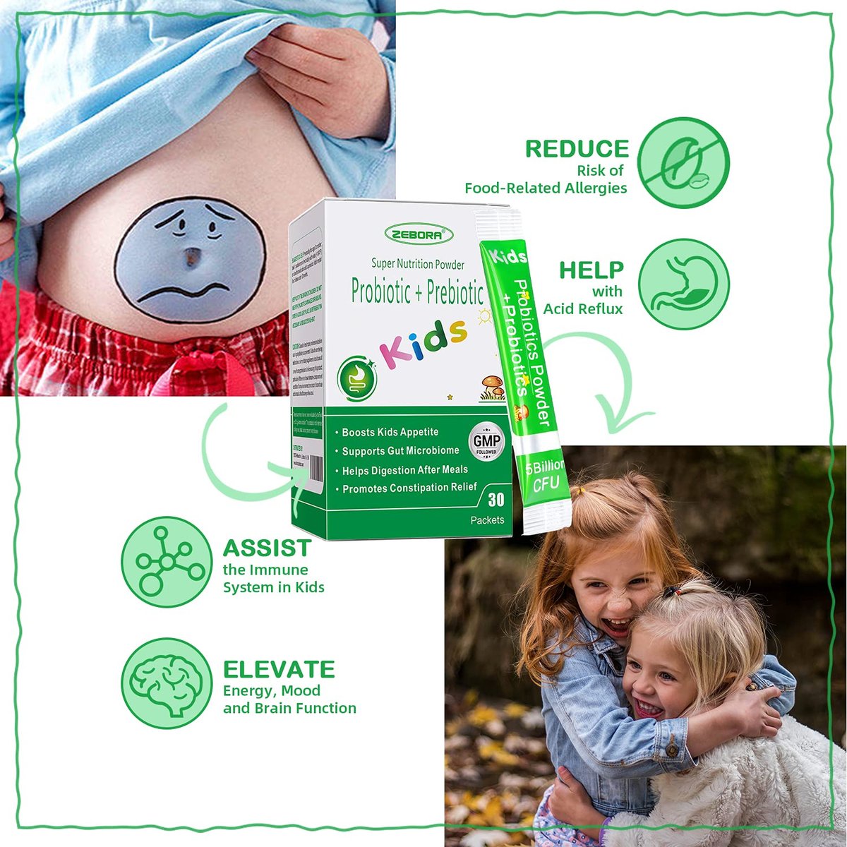 ZEBORA Kinder Probiotika & Präbiotika Pulver ab 3 Jahren – Unterstützt die Verdauung und das Immunsystem mit natürlichen Quellen, fördert Linderung bei Verstopfung, Non-GMO, glutenfrei, 30 Portionsbeutel mit 5 Milliarden CFUs