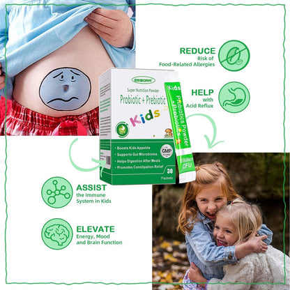 ZEBORA Kinder Probiotika & Präbiotika Pulver ab 3 Jahren – Unterstützt die Verdauung und das Immunsystem mit natürlichen Quellen, fördert Linderung bei Verstopfung, Non-GMO, glutenfrei, 30 Portionsbeutel mit 5 Milliarden CFUs