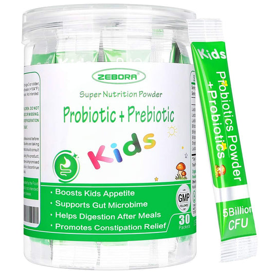 ZEBORA Kinder Probiotika & Präbiotika Pulver ab 3 Jahren – Unterstützt die Verdauung und das Immunsystem mit natürlichen Quellen, fördert Linderung bei Verstopfung, Non-GMO, glutenfrei, 30 Portionsbeutel mit 5 Milliarden CFUs