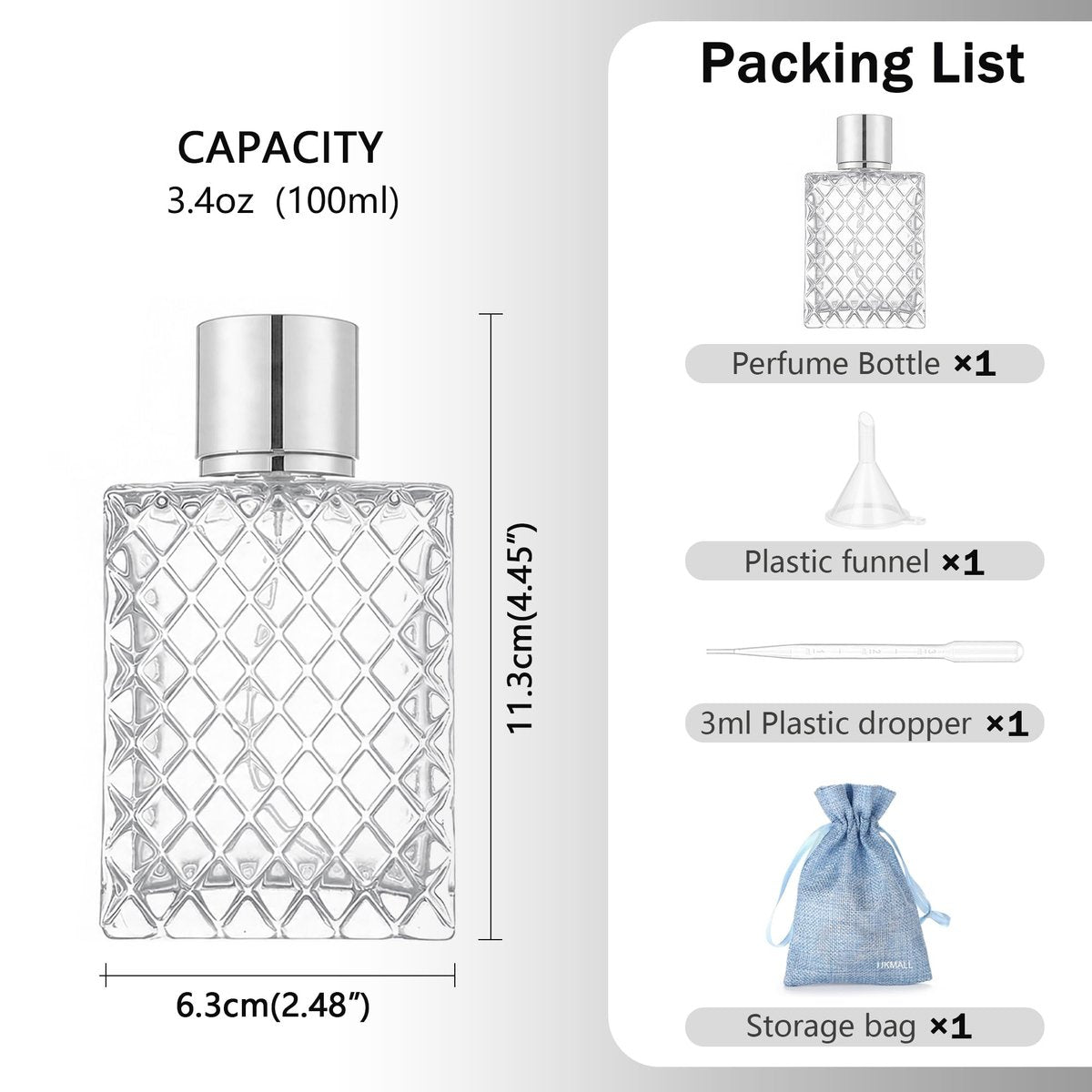 JJKMALL 100 ml 3,4 oz Glas-Sprühflaschen für ätherische Öle, Parfüm, leere klare Zerstäuberflasche mit silbernem Alu-Zerstäuber - (1er-Pack) Trichter, 3 ml Pipette, Aufbewahrungsgeschenktasche