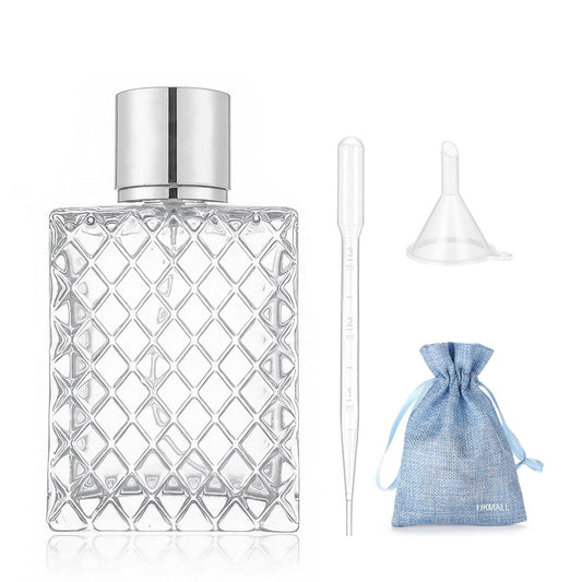 JJKMALL 100 ml 3,4 oz Glas-Sprühflaschen für ätherische Öle, Parfüm, leere klare Zerstäuberflasche mit silbernem Alu-Zerstäuber - (1er-Pack) Trichter, 3 ml Pipette, Aufbewahrungsgeschenktasche