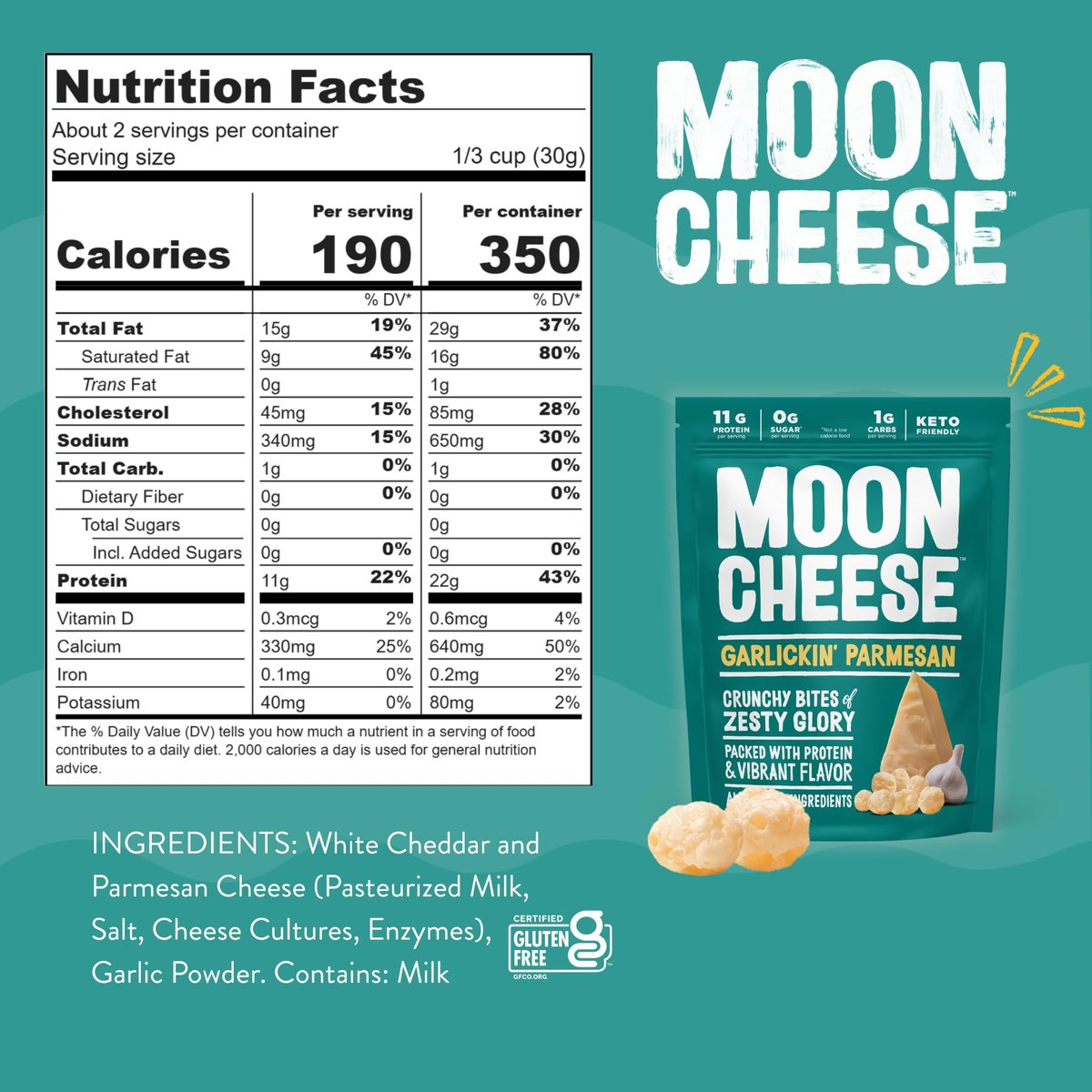Moon Cheese Garlickin' Parmesan Käsebissen, 2 Unzen, 3er-Pack, Knuspriger, proteinreicher Käsesnack, 100% echter Käse
