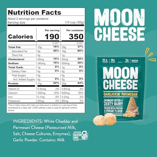 Moon Cheese Garlickin' Parmesan Käsebissen, 2 Unzen, 3er-Pack, Knuspriger, proteinreicher Käsesnack, 100% echter Käse