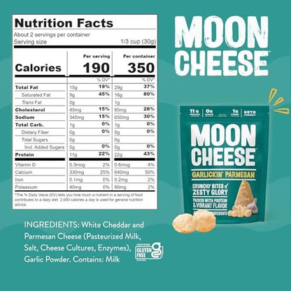 Moon Cheese Garlickin' Parmesan Käsebissen, 2 Unzen, 3er-Pack, Knuspriger, proteinreicher Käsesnack, 100% echter Käse