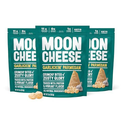 Moon Cheese Garlickin' Parmesan Käsebissen, 2 Unzen, 3er-Pack, Knuspriger, proteinreicher Käsesnack, 100% echter Käse