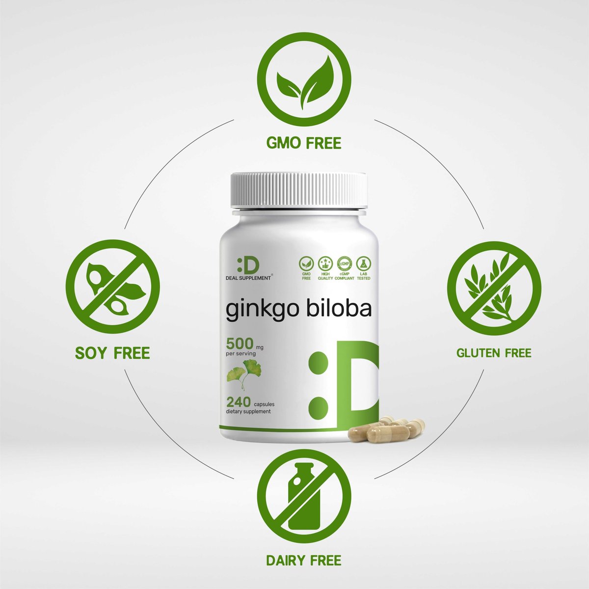 DEAL SUPPLEMENT Ginkgo Biloba 500 mg pro Portion, 240 Kapseln, 4-Monats-Vorrat – Anbau in Nordasien – Extra Stärke, Fördert die Gehirnfunktion