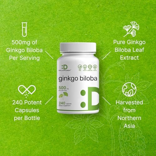 DEAL SUPPLEMENT Ginkgo Biloba 500 mg pro Portion, 240 Kapseln, 4-Monats-Vorrat – Anbau in Nordasien – Extra Stärke, Fördert die Gehirnfunktion