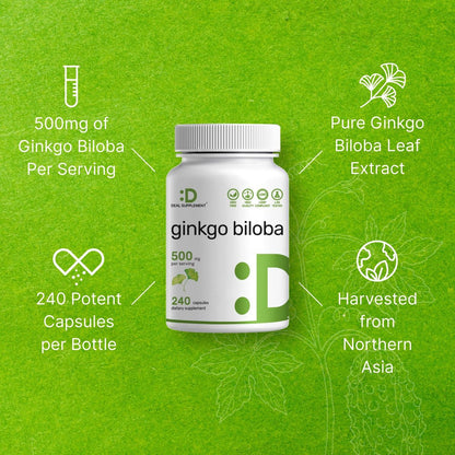DEAL SUPPLEMENT Ginkgo Biloba 500 mg pro Portion, 240 Kapseln, 4-Monats-Vorrat – Anbau in Nordasien – Extra Stärke, Fördert die Gehirnfunktion