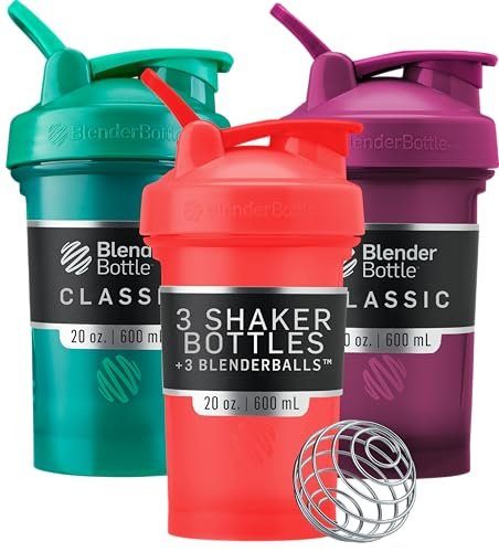 BlenderBottle Classic V2 Shaker Flasche für Proteinshakes und Pre-Workout, 20 Unzen (3er-Pack), Rot, Grün, Pflaume
