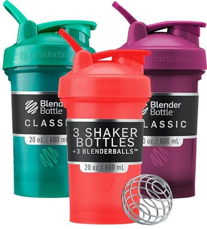 BlenderBottle Classic V2 Shaker Flasche für Proteinshakes und Pre-Workout, 20 Unzen (3er-Pack), Rot, Grün, Pflaume