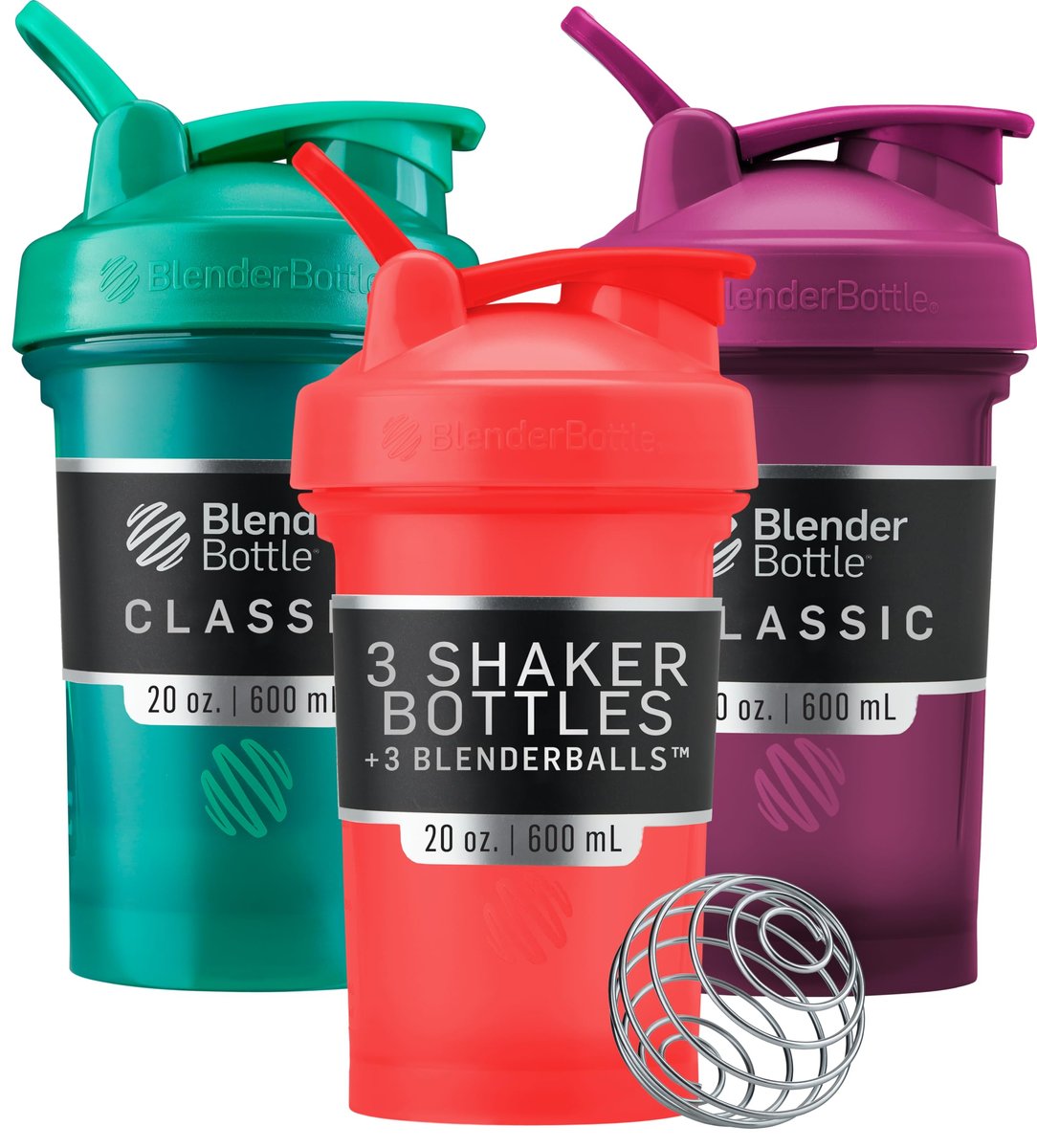 BlenderBottle Classic V2 Shaker Flasche für Proteinshakes und Pre-Workout, 20 Unzen (3er-Pack), Rot, Grün, Pflaume