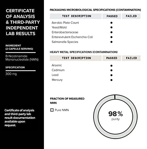 Toniiq Stabilisierte NMN Kapseln - 300 mg - 98% hochreines Nicotinamid-Mononukleotid - 60 Kapseln zur Unterstützung von NAD+