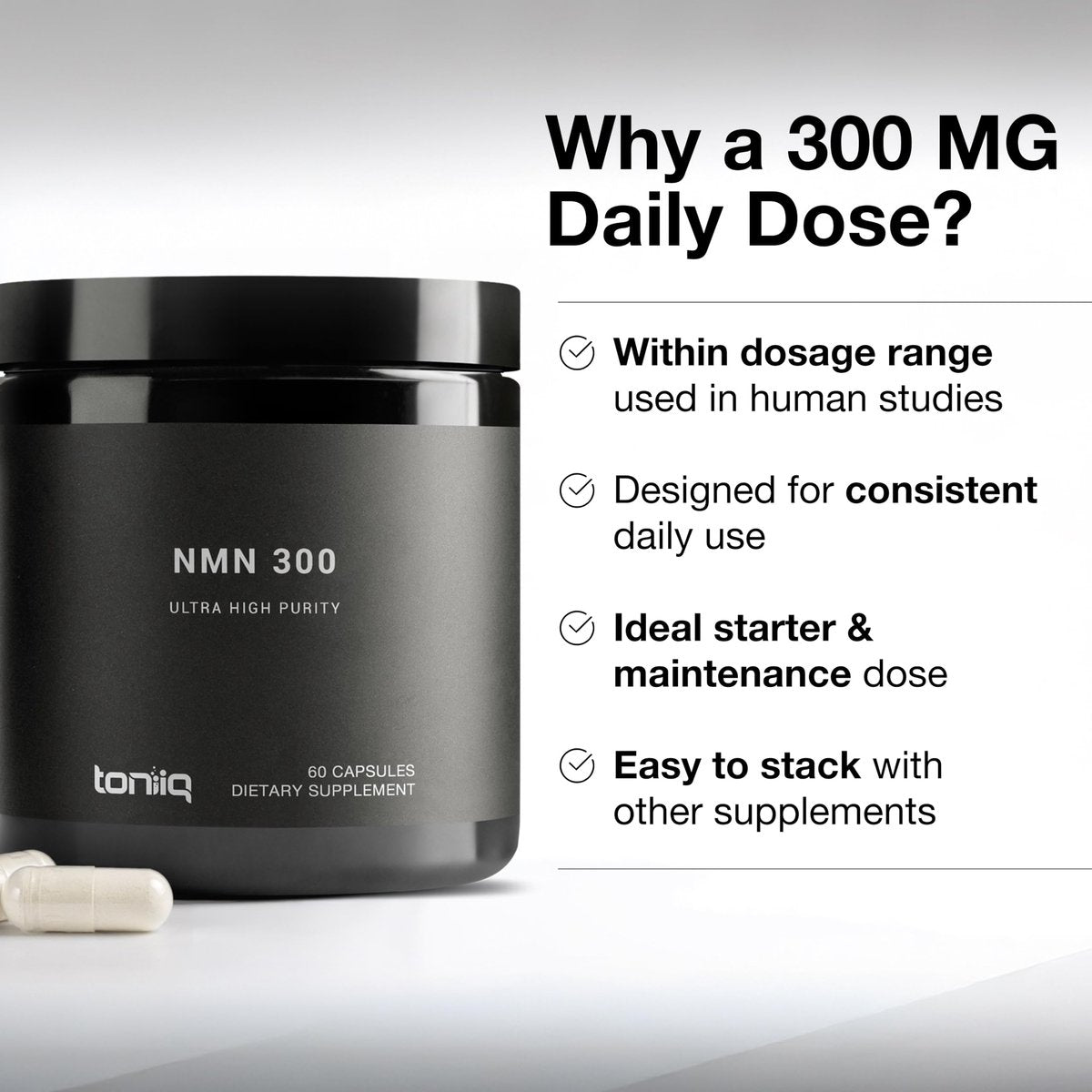Toniiq Stabilisierte NMN Kapseln - 300 mg - 98% hochreines Nicotinamid-Mononukleotid - 60 Kapseln zur Unterstützung von NAD+