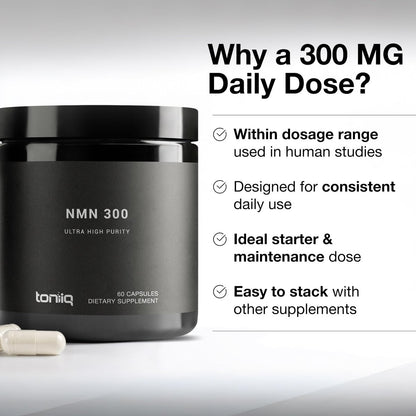 Toniiq Stabilisierte NMN Kapseln - 300 mg - 98% hochreines Nicotinamid-Mononukleotid - 60 Kapseln zur Unterstützung von NAD+