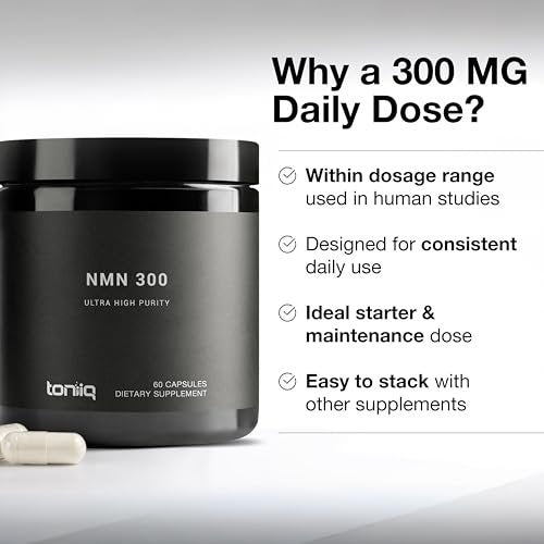 Toniiq Stabilisierte NMN Kapseln - 300 mg - 98% hochreines Nicotinamid-Mononukleotid - 60 Kapseln zur Unterstützung von NAD+