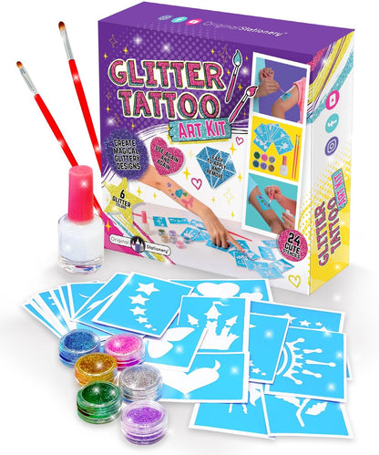 Original Stationery Glitzer-Tattoo-Set – 33-teiliges Multicolor-Set mit 24 Schablonen, 6 Farbtöpfen, 2 Pinseln & Kleber – Glitzer-Tattoos für Kinder ab 3 Jahren, Partyzubehör & Geburtstagsgeschenk