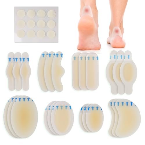 LotFancy Blasenpflaster für Füße, 24 Blasenpads und 12 Aknepflaster, 8 Größen Hydrokolloidpflaster, wasserdichtes Gel-Polster-Set für Zehenschutz, Blasenprävention an der Ferse