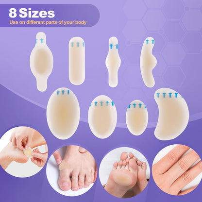 LotFancy Blasenpflaster für Füße, 24 Blasenpads und 12 Aknepflaster, 8 Größen Hydrokolloidpflaster, wasserdichtes Gel-Polster-Set für Zehenschutz, Blasenprävention an der Ferse