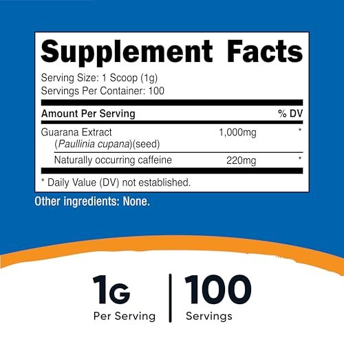 Nutricost Guarana Extrakt Pulver – 100 g pro Flasche – Natürlicher brasilianischer Koffein-Energizer
