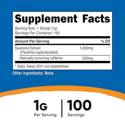 Nutricost Guarana Extrakt Pulver – 100 g pro Flasche – Natürlicher brasilianischer Koffein-Energizer