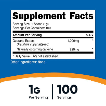 Nutricost Guarana Extrakt Pulver – 100 g pro Flasche – Natürlicher brasilianischer Koffein-Energizer