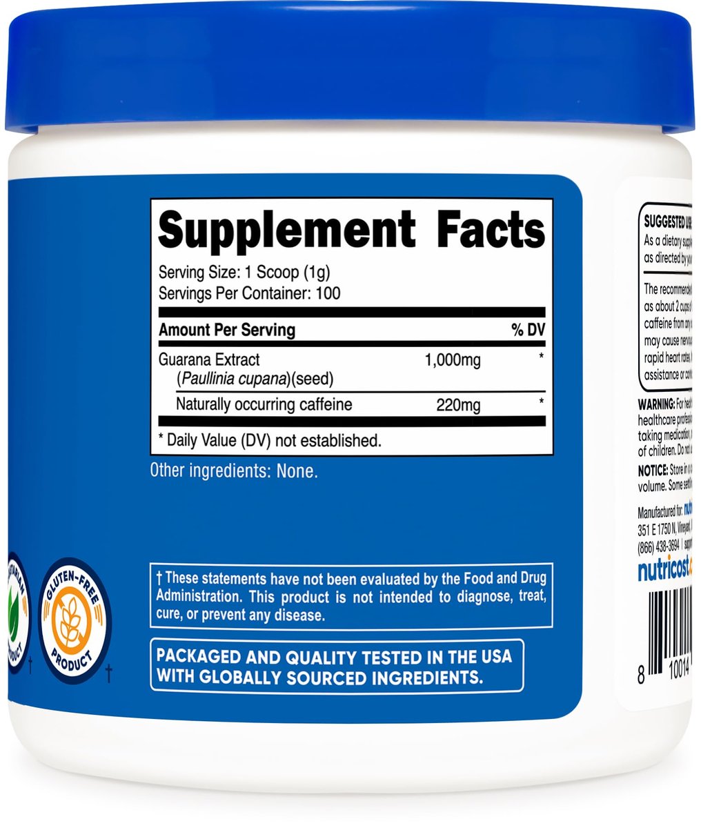Nutricost Guarana Extrakt Pulver – 100 g pro Flasche – Natürlicher brasilianischer Koffein-Energizer