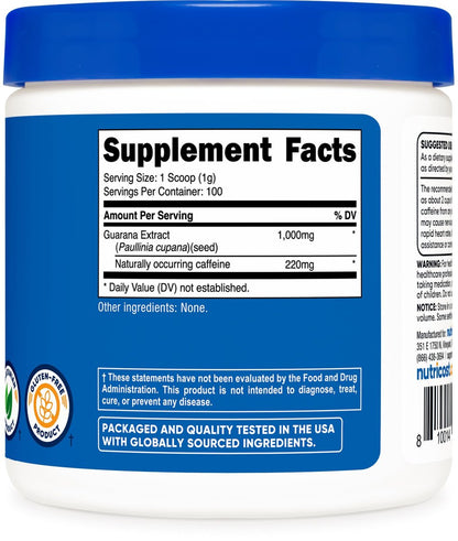 Nutricost Guarana Extrakt Pulver – 100 g pro Flasche – Natürlicher brasilianischer Koffein-Energizer