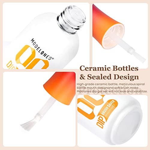 Modelones Dip Powder Liquid Set 4+4 Teile – Komplettes Tauchpulver-System mit Base Coat, Top Coat, Aktivator, Pinselreiniger und Maniküre-Werkzeugen für DIY-Nagelkunst im Salon-Stil – 15 ml/0,5 oz