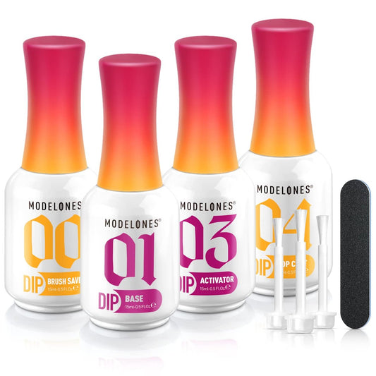 Modelones Dip Powder Liquid Set 4+4 Teile – Komplettes Tauchpulver-System mit Base Coat, Top Coat, Aktivator, Pinselreiniger und Maniküre-Werkzeugen für DIY-Nagelkunst im Salon-Stil – 15 ml/0,5 oz