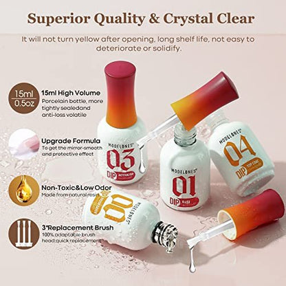 Modelones Dip Powder Liquid Set 4+4 Teile – Komplettes Tauchpulver-System mit Base Coat, Top Coat, Aktivator, Pinselreiniger und Maniküre-Werkzeugen für DIY-Nagelkunst im Salon-Stil – 15 ml/0,5 oz