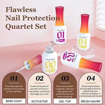 Modelones Dip Powder Liquid Set 4+4 Teile – Komplettes Tauchpulver-System mit Base Coat, Top Coat, Aktivator, Pinselreiniger und Maniküre-Werkzeugen für DIY-Nagelkunst im Salon-Stil – 15 ml/0,5 oz