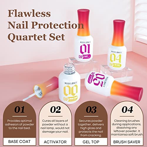 Modelones Dip Powder Liquid Set 4+4 Teile – Komplettes Tauchpulver-System mit Base Coat, Top Coat, Aktivator, Pinselreiniger und Maniküre-Werkzeugen für DIY-Nagelkunst im Salon-Stil – 15 ml/0,5 oz