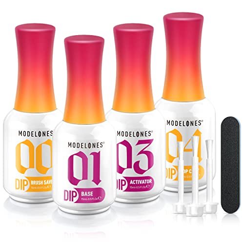 Modelones Dip Powder Liquid Set 4+4 Teile – Komplettes Tauchpulver-System mit Base Coat, Top Coat, Aktivator, Pinselreiniger und Maniküre-Werkzeugen für DIY-Nagelkunst im Salon-Stil – 15 ml/0,5 oz