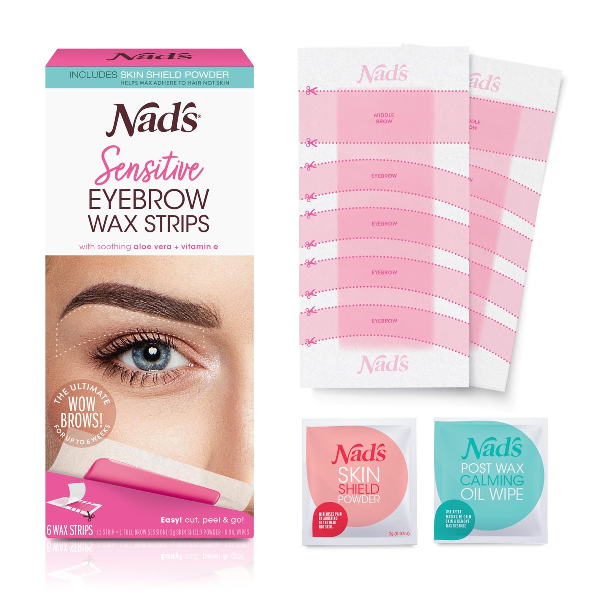 Nad's Augenbrauen-Wachsstreifen - Gesichtshaarentfernung für Frauen - Set mit 6 Streifen + 6 beruhigenden Öltüchern + 2g Hautschutzpuder, 1 Packung