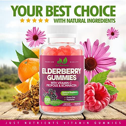 Holunderbeeren 200mg Gummies mit Vitamin C, Echinacea, Propolis (100 Stück) – Immununterstützung für Erwachsene & Kinder – Höchste Stärke, Himbeergeschmack – Glutenfrei, Vegan