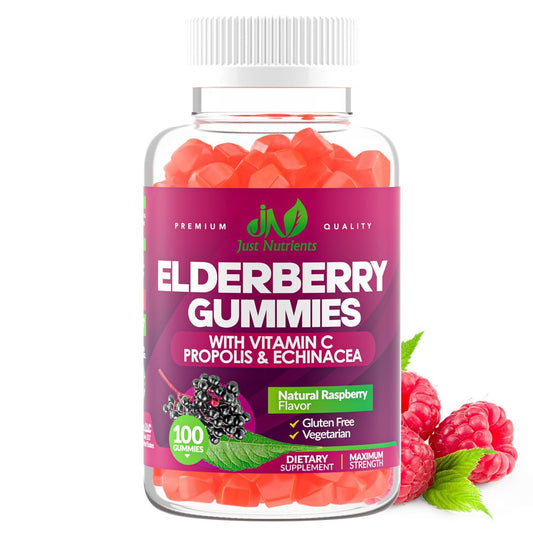 Holunderbeeren 200mg Gummies mit Vitamin C, Echinacea, Propolis (100 Stück) – Immununterstützung für Erwachsene & Kinder – Höchste Stärke, Himbeergeschmack – Glutenfrei, Vegan