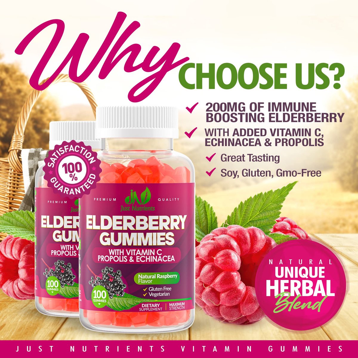 Holunderbeeren 200mg Gummies mit Vitamin C, Echinacea, Propolis (100 Stück) – Immununterstützung für Erwachsene & Kinder – Höchste Stärke, Himbeergeschmack – Glutenfrei, Vegan