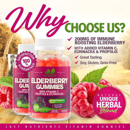 Holunderbeeren 200mg Gummies mit Vitamin C, Echinacea, Propolis (100 Stück) – Immununterstützung für Erwachsene & Kinder – Höchste Stärke, Himbeergeschmack – Glutenfrei, Vegan