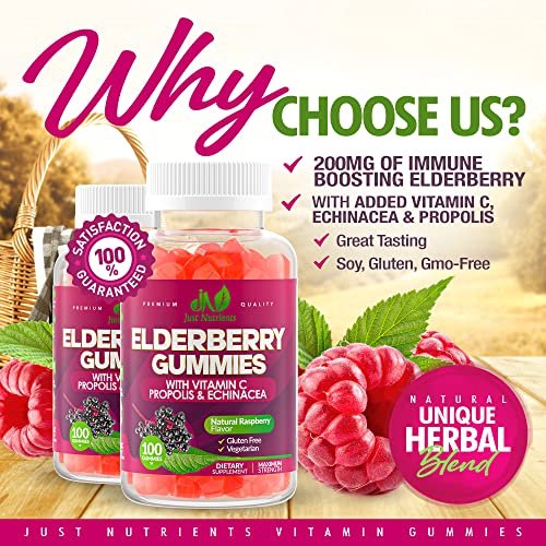 Holunderbeeren 200mg Gummies mit Vitamin C, Echinacea, Propolis (100 Stück) – Immununterstützung für Erwachsene & Kinder – Höchste Stärke, Himbeergeschmack – Glutenfrei, Vegan