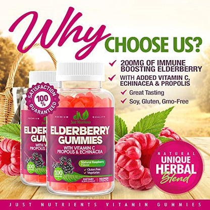 Holunderbeeren 200mg Gummies mit Vitamin C, Echinacea, Propolis (100 Stück) – Immununterstützung für Erwachsene & Kinder – Höchste Stärke, Himbeergeschmack – Glutenfrei, Vegan