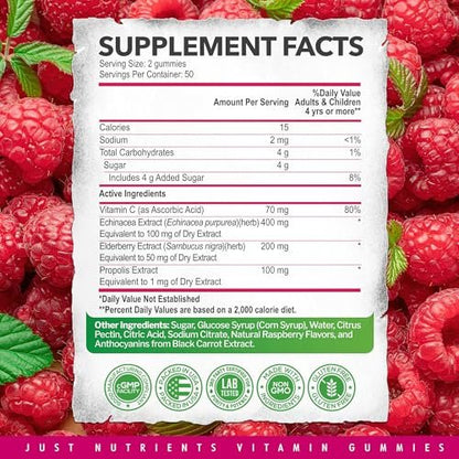 Holunderbeeren 200mg Gummies mit Vitamin C, Echinacea, Propolis (100 Stück) – Immununterstützung für Erwachsene & Kinder – Höchste Stärke, Himbeergeschmack – Glutenfrei, Vegan