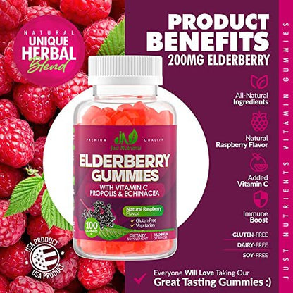 Holunderbeeren 200mg Gummies mit Vitamin C, Echinacea, Propolis (100 Stück) – Immununterstützung für Erwachsene & Kinder – Höchste Stärke, Himbeergeschmack – Glutenfrei, Vegan